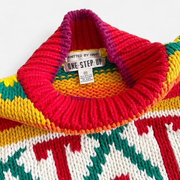 Vintage One Step Up Knit Red Yellow Orange Green Geometric Mock Neck Sweater - Picture 2 of 6